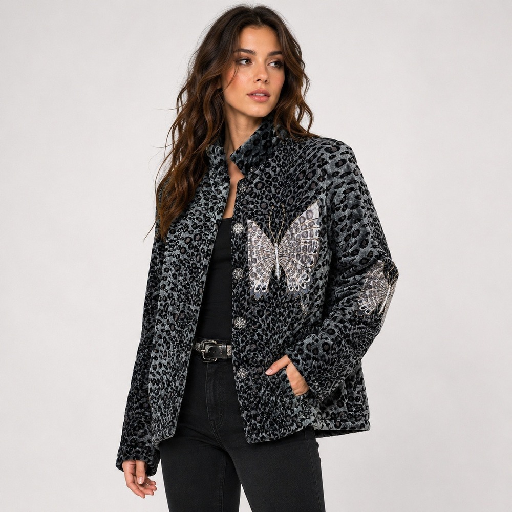 Amber Dawn Women L Leopard Velvet Butterfly Jacket Whimsigoth Y2K Art to Wear